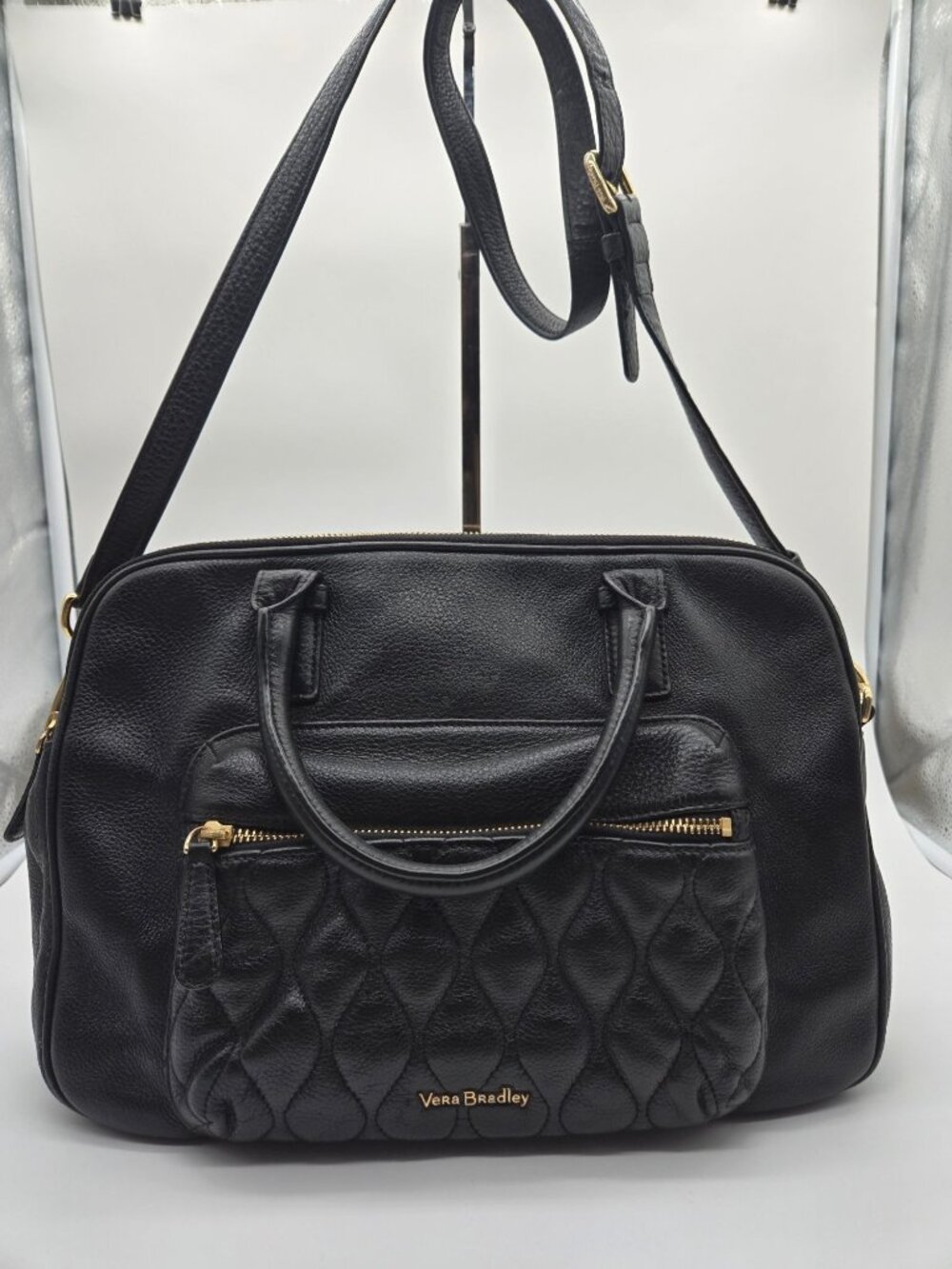 Vera Bradley Black Leather Quilted Front Pocket Satchel Bag Purse